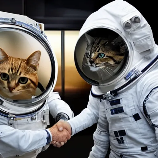 Image similar to cat astronaut shakes the hands with president