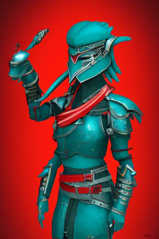 Image similar to female adventurer in tight full - body teal leather armor of japanese design with red accents and a white porcelain crow mask, trending in artstation, japanese, establishing shot