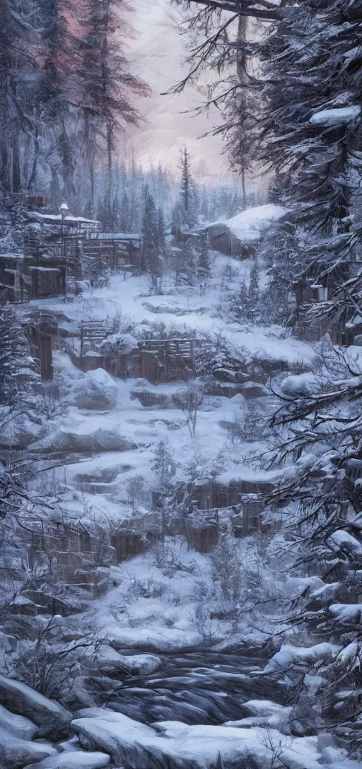 Image similar to cozy lodge beside a river stream in the canadian wilderness in winter, dramatic lighting, cinematic, establishing shot, extremely high detail, photo realistic, cinematic lighting, post processed, concept art, artstation, matte painting, style by eddie mendoza, raphael lacoste, alex ross