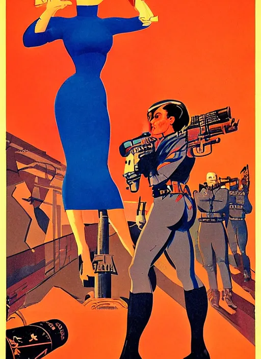 Image similar to soviet propaganda poster. cyberpunk hitwoman. portrait by jean giraud and anton otto fischer and john philip falter and will eisner and gil elvgren