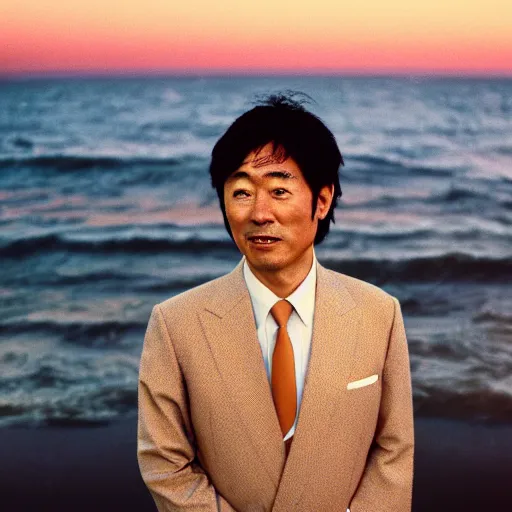 Image similar to a japanese man wearing a beige suit and black pants standing in the ocean, sunset, night, wide shot, tatsuro yamashita, album cover, 1981, grammy award winning