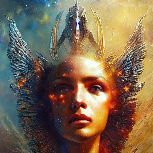 Image similar to UHD hyperrealistic photorealisitc, detailed cosmic robot with real angel wings, by Karol Bak, Greg Rutkowski and Adrian Ghenie, tonalism, rich deep colors masterpiece