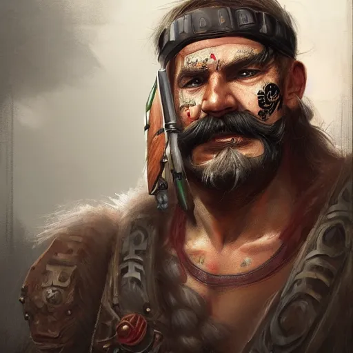 Image similar to portrait old barbarian warrior with face tattoo and trucker mustache, 8 k, trending on art station, by tooth wu and greg rutkowski