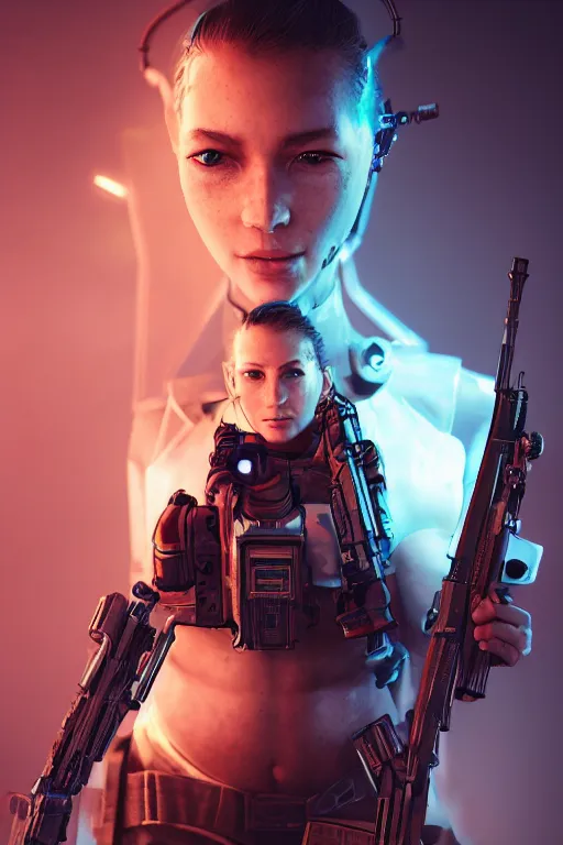 Prompt: beautiful portrait of a cyborg mercenary girl holding a rifle, art by wlop, artgerm, liam wong, cyberpunk, neon, intricate details, trending on artstation, sharp focus, caustics, octane render, radiant light, 4 k