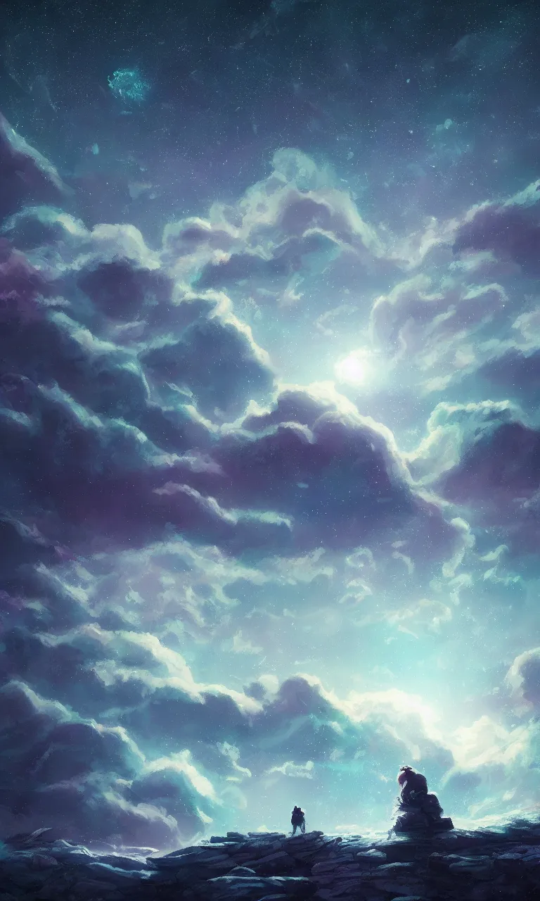 Image similar to a beautiful painting of ice age, starry sky, moon ， cloud, by liam wong and yuumei and yanjun chen, trending on artstation