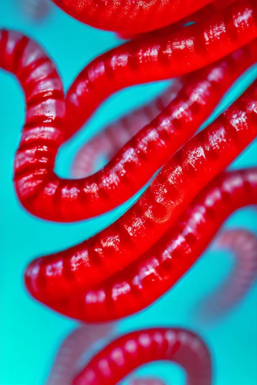 Prompt: high quality macro photo translucent gelatinous worms! gorgeous red dots highly detailed hannah yata elson peter cinematic turquoise lighting high quality low angle hd 8k sharp shallow depth of field