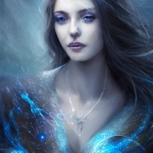 Image similar to masterpiece portrait of a beautiful mage woman, ice spell, 3 0 years woman, soft realistic thin appealing face, light eyes, black dynamic hair, wearing silver diadem, blue gems inlays, silver necklace, digital painting by wlop, luis royo, atmospheric effects, chaotic blue sparks dynamics background, intricate, artstation, fantasy