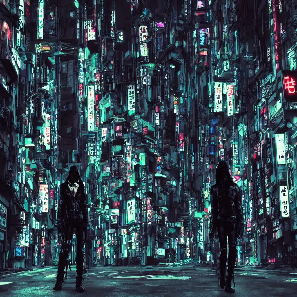 Prompt: cyberpunk android standing in a dark alley in future tokyo at night - n 6
