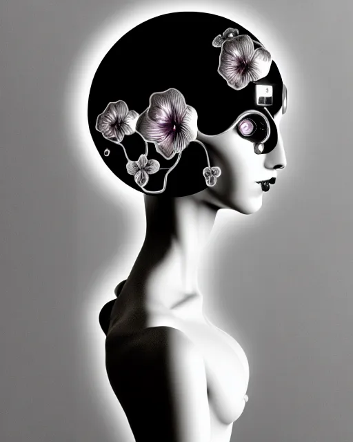 Image similar to black and white dreamy foggy poetic smoky profile face portrait, one silver steampunk realistic eye biomechanical beautiful angelic young female cyclope - cyborg - robot bust, body ribs meshes,, volumetric light, hibiscus flowers, by dora maar, rim light, big gothic fashion pearl embroidered collar, 8 k