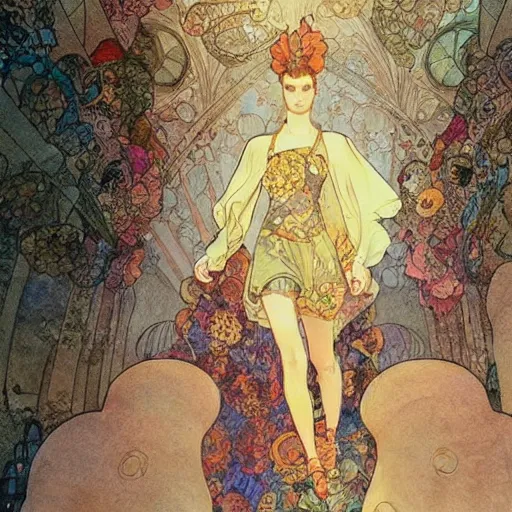 Prompt: a beautiful intricate watercolor illustration of a fashion show with runaway, 4 k, ultra - wide angle, by william turner, by victo ngai, by alphonse mucha, by moebius, by gustave dore, hd, trending on artstation, hyper detailed, muted intense colors