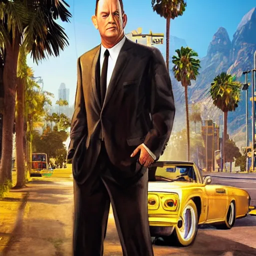 Image similar to tom hanks, gta v cover art, art by stephen bliss, matte painting, sharp focus