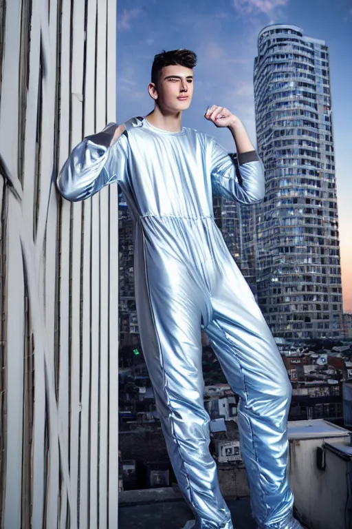 Image similar to un ultra high definition studio quality photographic art portrait of a young man standing on the rooftop of a british apartment building wearing soft baggy inflatable padded silver iridescent pearlescent clothing. three point light. extremely detailed. golden ratio, ray tracing, volumetric light, shallow depth of field. set dressed.