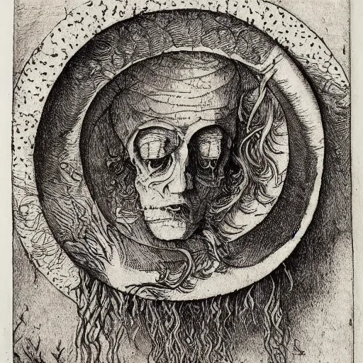 Prompt: ancient occult manuscripts, pen and ink drawings, etchings in the style of Albrecht Durer
