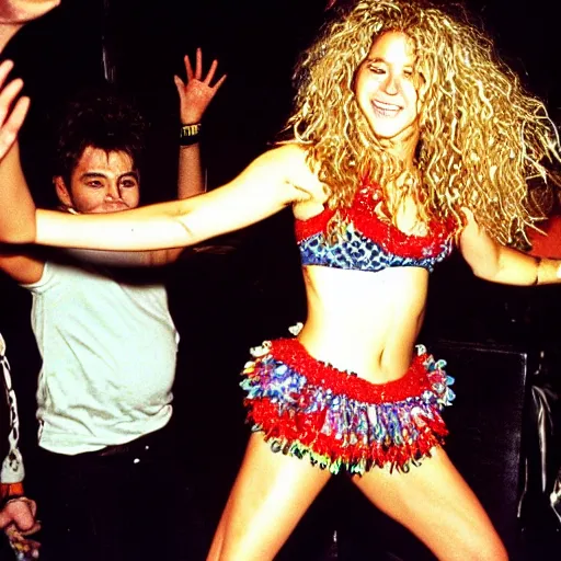 Image similar to Shakira dancing the cookie monster dance, in a nightclub, 1990 photograph