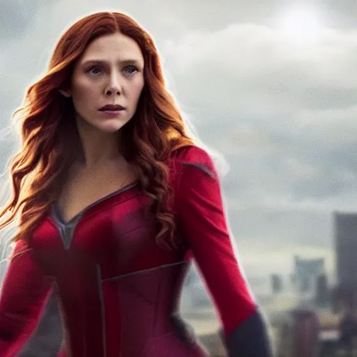 Prompt: a leaked film portrait still of scarlet witch from the avengers secret wars. realism, cinematic lighting, 4 k. 8 mm. grainy. panavision. photorealistic cinematic lighting, gritty atmosphere,