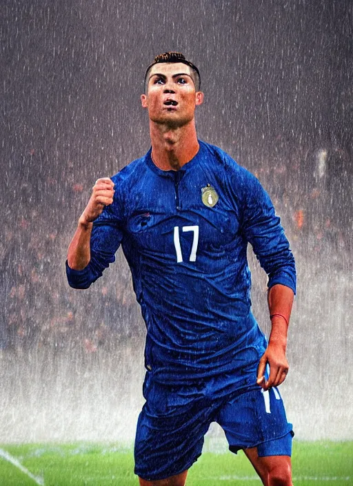 Image similar to epic face portrait cristiano ronaldo after scoring a goal, hard rain, michael whelan