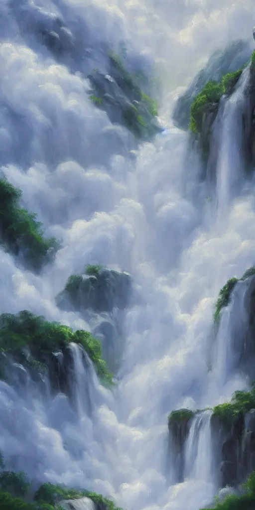 Prompt: waterfall cascading onto clouds, extremely detailed oil painting, digital art, landscape painting, trending on artstation, masterpiece