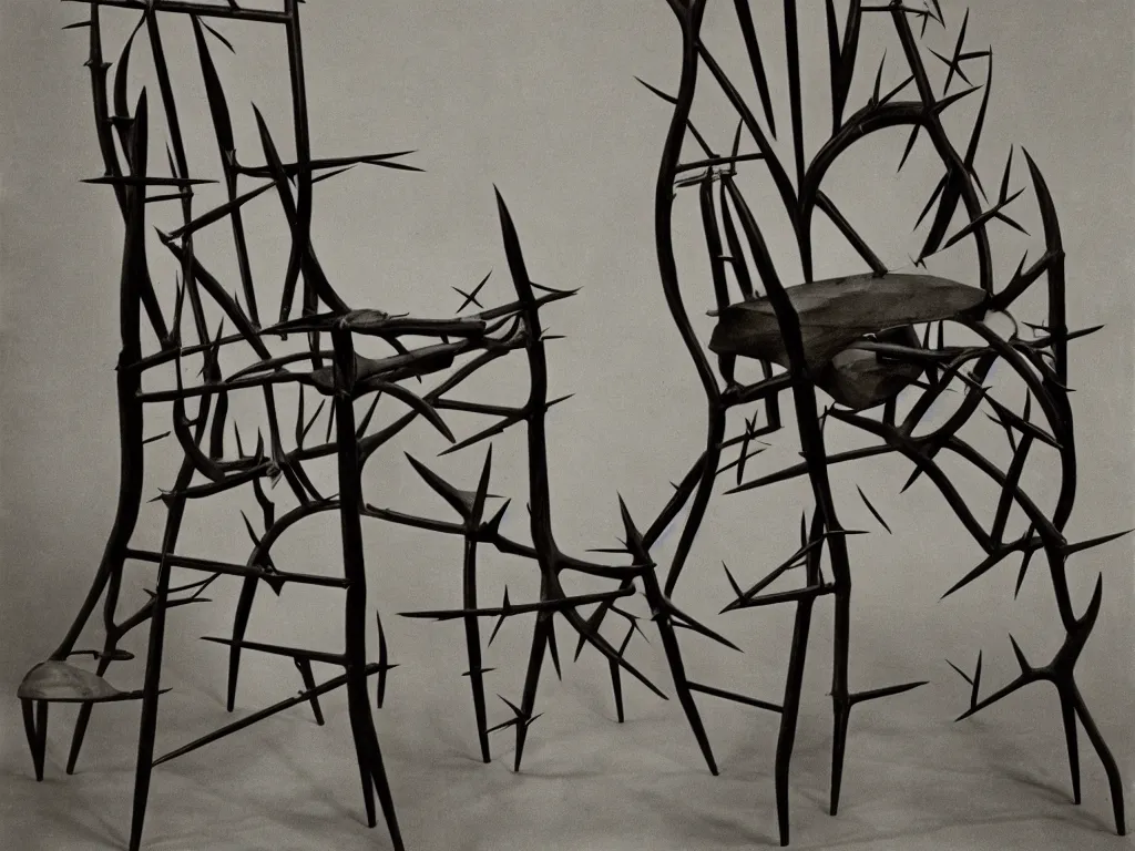 Image similar to humanoid gothic chair with thorns. karl blossfeldt, yves tanguy