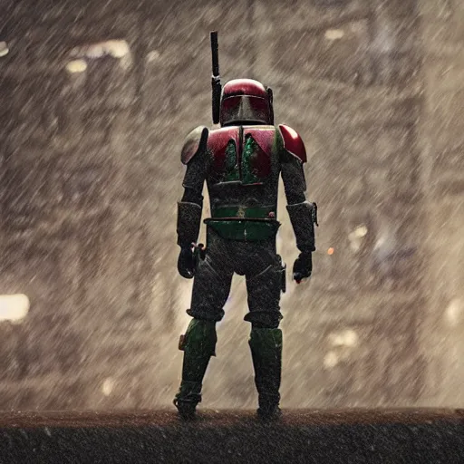 Image similar to boba fett standing on a building, fine details, heavy rain, 8 k, shallow depth of field, moody lighting, cinematic lighting,