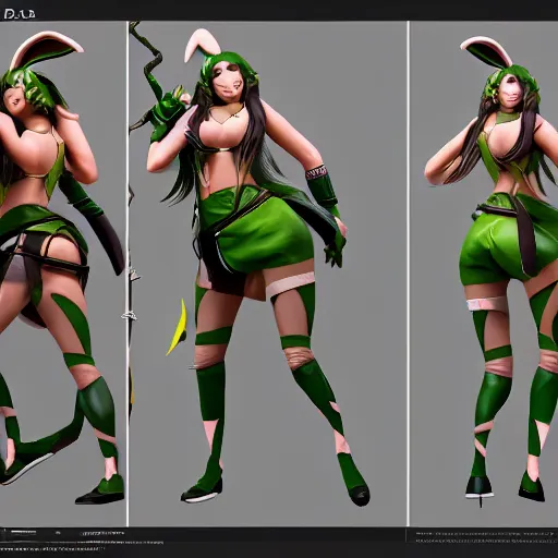 Image similar to character sheet of battle bunny akali (League of Legends). 3d render, octane render, iRay, ray tracing, realistic, highly detailed, trending on artstation, 4k, cgsociety, unreal engine 5, redshift render, blender cycles, behance, cg