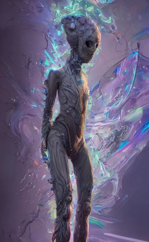 Image similar to hard surface form fused with organic form fashion outfit design, rainbow iridescent accents, full body frontal view, Peter mohrbacher, zaha hadid, tsutomu nihei, emil melmoth, zdzislaw belsinki, Craig Mullins, yoji shinkawa, trending on artstation, beautifully lit, hyper detailed, insane details, intricate, elite, ornate, elegant, luxury, CGsociety, hypermaximalist, golden ratio, octane render, weta digital, micro details, ray trace, 8k