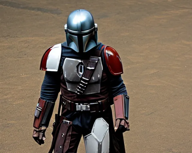 Image similar to a mandalorian is looking at the helmets