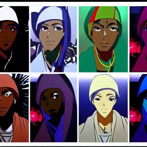 Image similar to Tupac Shakur, screenshot from a 2012s anime