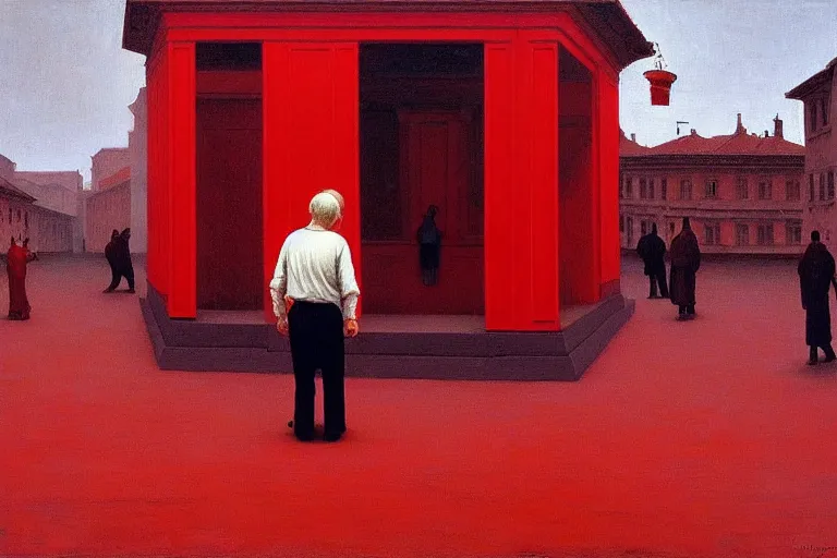 Image similar to only with red, a red old man try to sell a portrait, cheering crowd, in a old city square, in the style of beksinski, parts by edward hopper, parts by rodcenko, parts by yue minjun, intricate and epic composition, red by caravaggio, insanely quality, highly detailed, masterpiece, red light, artstation, 4 k