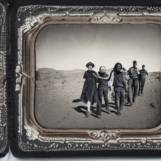 Prompt: group of worn down youths walking through nevada desert, carrying bindles, 2 0 3 7 tintype photograph