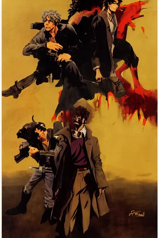 Prompt: Movie poster of Spike and Edward of Cowboy Bebop, Highly Detailed, Dramatic, by frank frazetta, ilya repin, 8k, hd, high resolution print