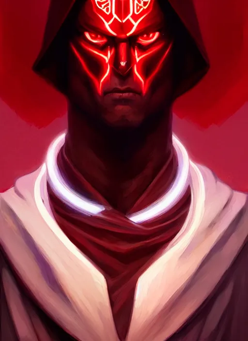 Image similar to symmetry!! Night!! portrait of a man, long hair, glowing red eyes!! Sith, evil! muscular, robes! intricate, elegant, highly detailed, digital painting, artstation, concept art, smooth, sharp focus, illustration, art by artgerm and greg rutkowski and alphonse mucha