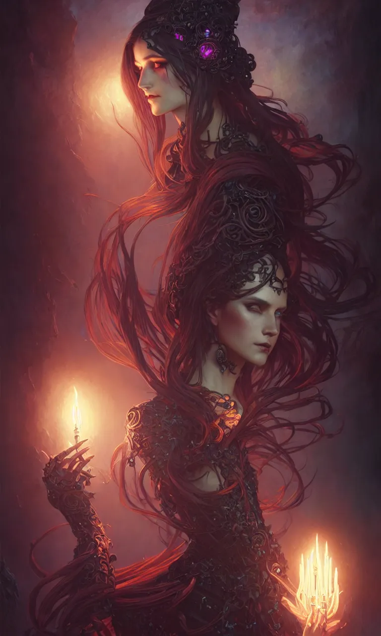 Image similar to Necromancer Sorceress in center, fantasy magic, undercut hairstyle, dark light night, intricate, elegant, sharp focus, illustration, highly detailed, digital painting, concept art, matte, art by WLOP and Artgerm and Greg Rutkowski and Alphonse Mucha, masterpiece