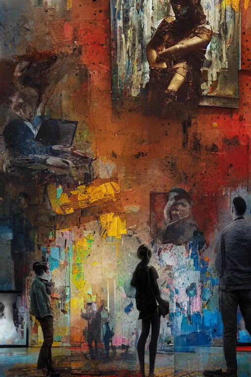 Image similar to a beautiful glitched painting by robert proch of people in front of a painting in a museum gallery, metal rust and plaster materials, pixel sorting, color bleeding, brushstrokes by jeremy mann, still life, dark colors