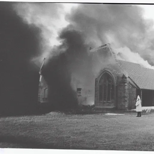 Image similar to photograph of a small protestant church burning, john paul ii standing in front of it, night, pitch black