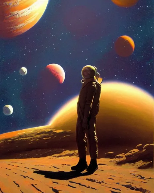 Image similar to a painting of a man standing in front of a planet, a detailed matte painting by david schleinkofer and by philippe bouchet and by syd mead, featured on deviantart, space art, sci - fi, dystopian art, matte painting