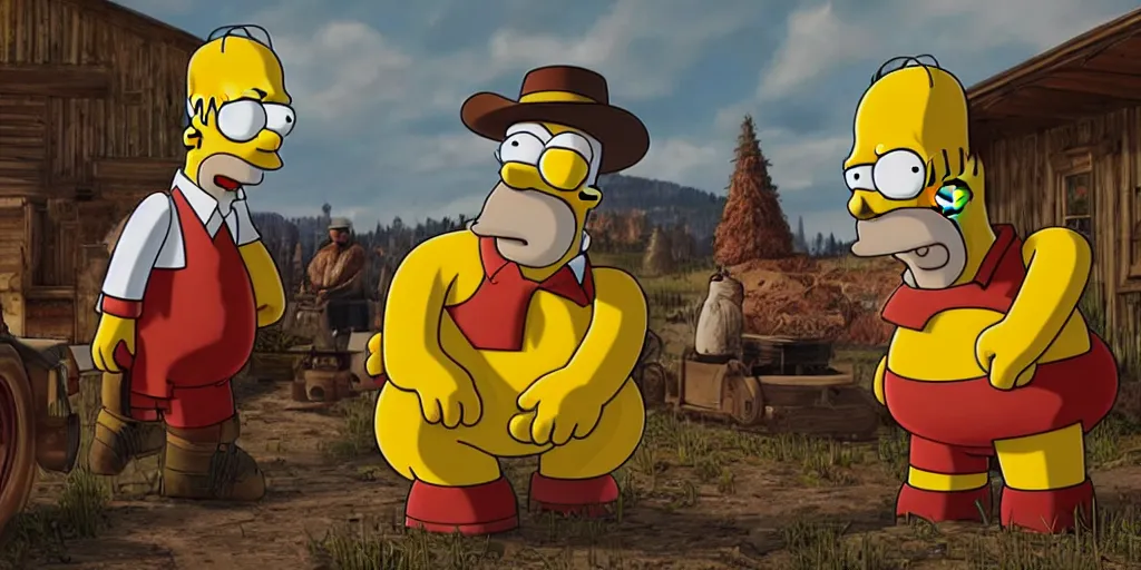 Prompt: realistic homer simpson as a real human in rdr 2, cover art by stephen bliss, boxart, loading screen, 8 k resolution