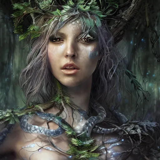 Image similar to high definition charcoal watercolor fantasy character art, beautiful female, hyper realistic, hyperrealism, luminous water elemental, snake skin armor forest dryad, woody foliage, 8 k dop dof hdr fantasy character art, by aleski briclot and alexander'hollllow'fedosav and laura zalenga