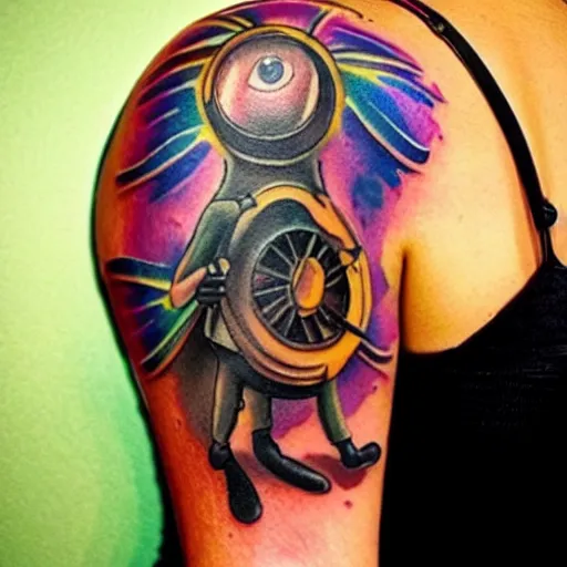 Image similar to tattoo of female on minion back, epic, colorful, beautiful, intricate detail