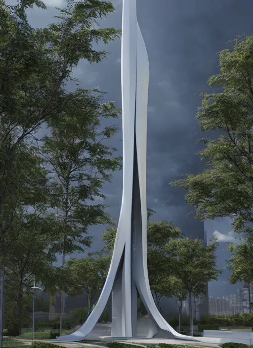 Image similar to highly detailed realistic architecture 3 d render of a huge high futuristic stele in zaha hadid style standing in city park, archdaily, made in unreal engine 4 octane render