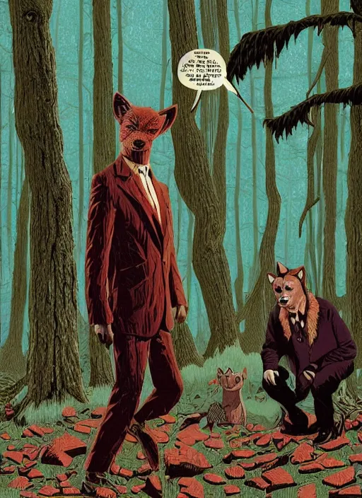 Prompt: Twin Peaks poster art, of Michael Shannon discovering a man dressed as a Furry in the woods, mysterious creepy, poster artwork by James Edmiston, Michael Whelan, Bob Larkin and Tomer Hanuka, Kilian Eng, Ed Emshwiller, Glenn Fabry, Joe Jusko, Martine Johanna, Chris Moore, from scene from Twin Peaks, simple illustration, domestic, nostalgic, from scene from Twin Peaks, clean, full of details, by Makoto Shinkai and thomas kinkade, Matte painting, trending on artstation and unreal engine, New Yorker magazine cover