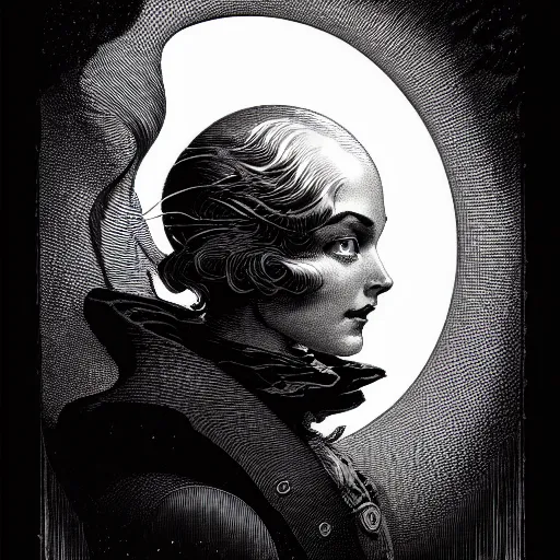 Image similar to portrait soft light, by bernie wrightson and joe fenton, inspired victorian sci - fi, etching, fine, sharp high detail, duotone screen print,