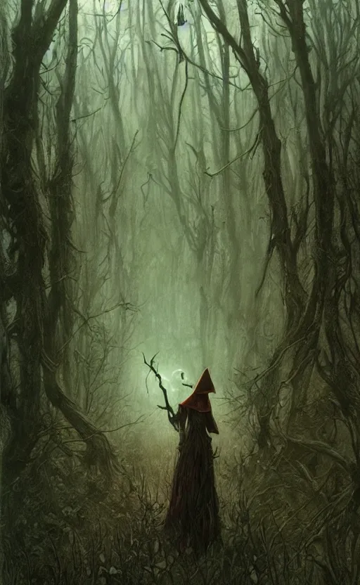 Image similar to a witch in an ominous forest, cinematic lighting, at night, highly detailed, symmetric, concept art, masterpiece, fantasy art, hyperdetailed, hyperrealism, saturated colors, art by zdzistaw beksinski, arthur rackham, dariusz zawadzki, larry elmore