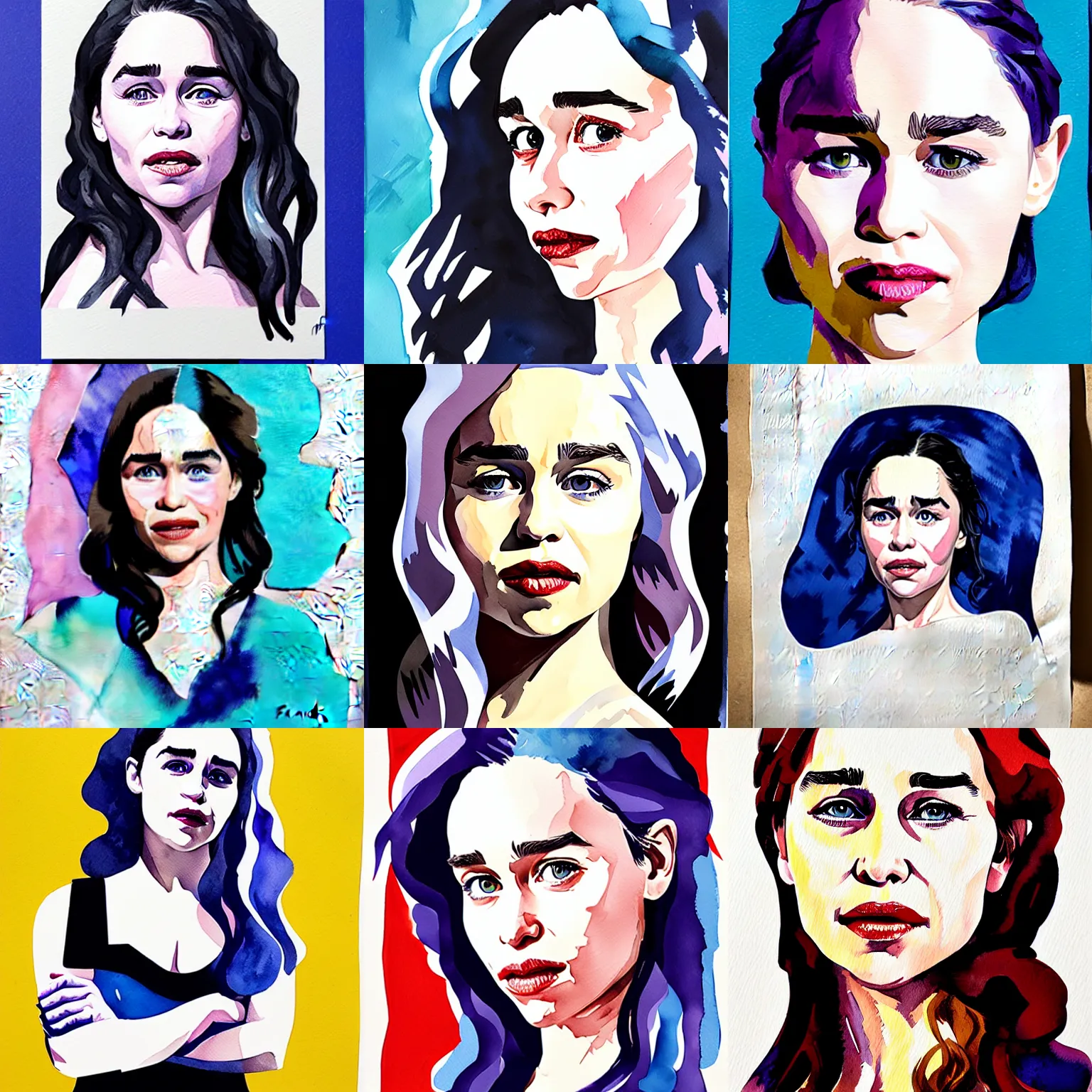 Prompt: portrait of emilia clarke by francis picabla, gouache watercolor cardboard