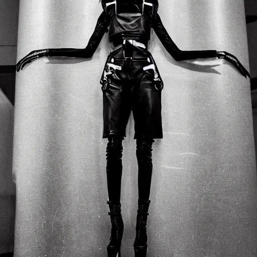 Image similar to fashion photography of an extraterrestrial model, wearing a black gas mask, wearing demobaza fashion, inside berghain, berlin fashion, harness, futuristic fashion, dark minimal outfit, photo 3 5 mm leica, hyperdetail, berghain, 8 k, very detailed, photo by nick knight
