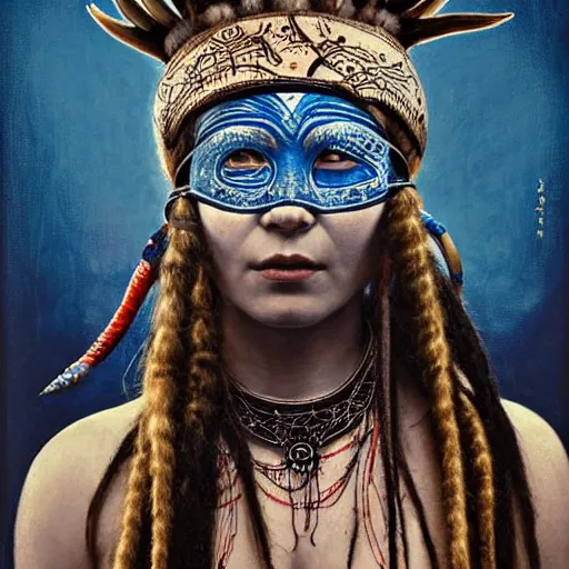 Image similar to A young blindfolded shaman woman with a decorated headband performing a pagan ritual, in the style of heilung, blue hair dreadlocks and wood on her head, tribal piercing and tatoos , atmospheric lighting, intricate detail, cgsociety, ambient light, dynamic lighting, art by karol bak