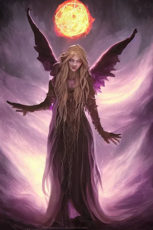 Image similar to a standing witch from D&D called Victoria conjuring a spell surrounded by violet rays and overlays, dark fantasy illustration, realistic, soft lighting, art by Artgerm and Peter tang,