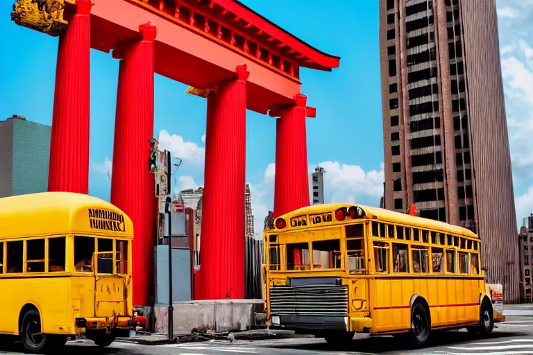 Image similar to Yellow school bus, a red japanese Torii gate, New York location in USA, atomic bomb dropping from the sky, ray tracing, high detail, 4K