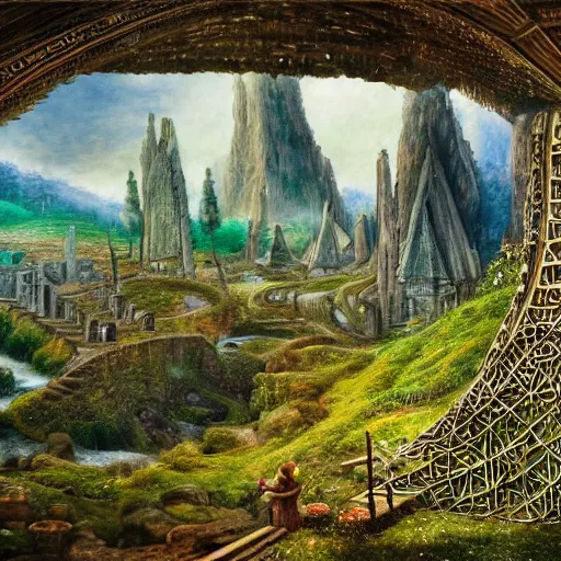 Image similar to a beautiful and highly detailed oil painting of an elven kingdom deep in the lush mountains, tangled wooden structures, stone brick structures, ancient runes, intricate details, epic scale, insanely complex, 8 k, sharp focus, hyper realism, fantasy landscape, psychedelic, by caspar friedrich and brian froud,