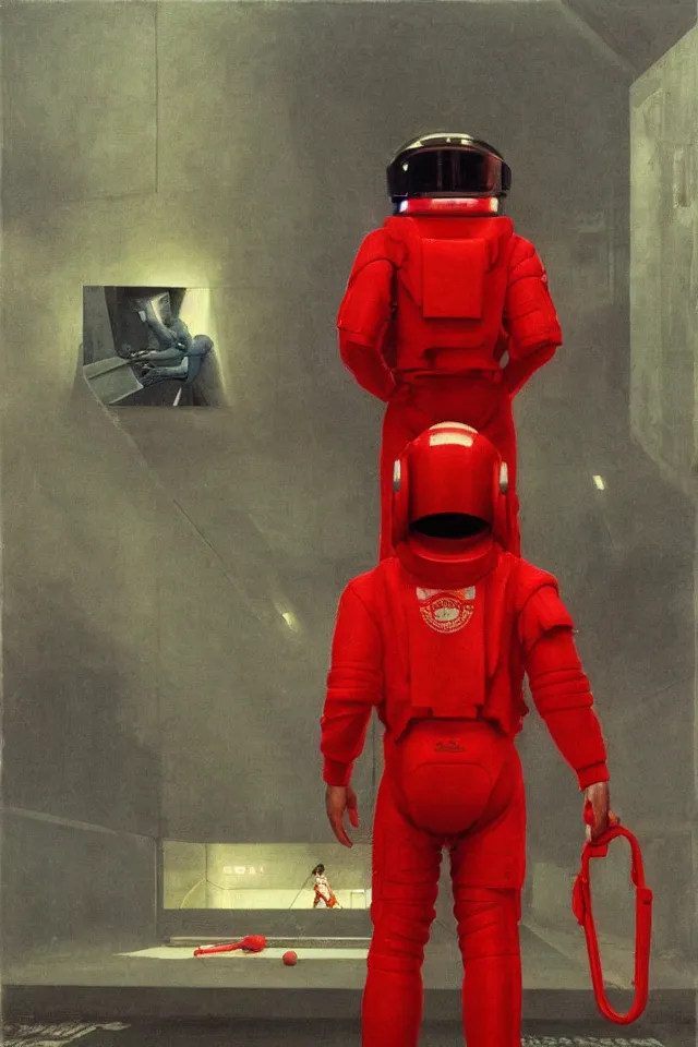 Image similar to CHAPPIE In A Red Adidas Track Suit, full figure, stormy weather, extremely detailed masterpiece, low-key neon lighting, artstation, 2001: A Space Odyssey, Roger Deakin’s cinematography, by J. C. Leyendecker and Peter Paul Rubens and Edward Hopper and Michael Sowa