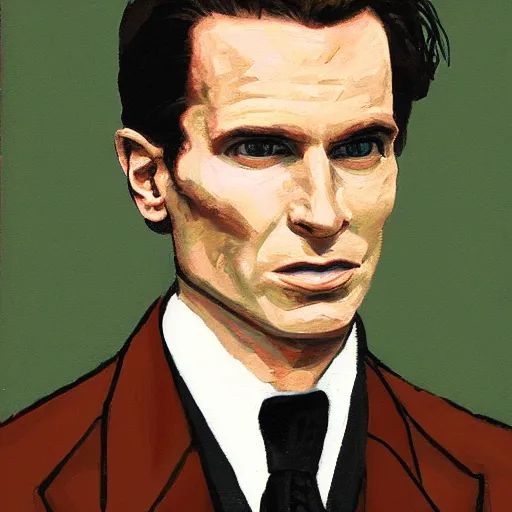 Image similar to portrait of Patrick Bateman from American Psycho, in the style of the Hudson River School